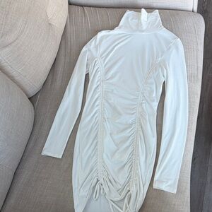 Elegant White Ruched Turtleneck Dress